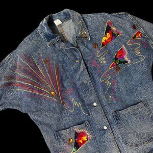 Vintage Denim Jacket 1980s Hand Painted Colorful Abstract One Size Fits All READ